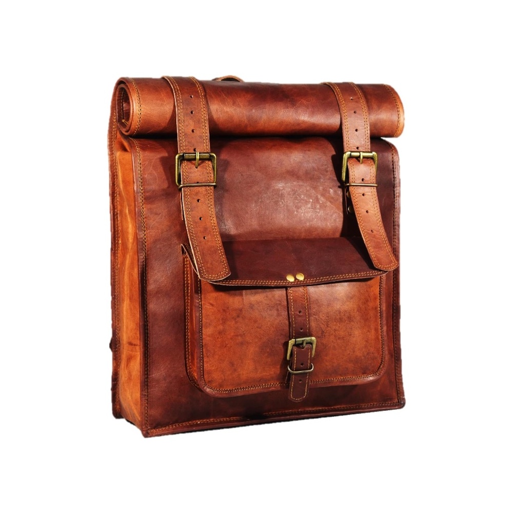 Men's 17 inch Leather Vintage Roll On Laptop Backpack Rucksack knapsack college